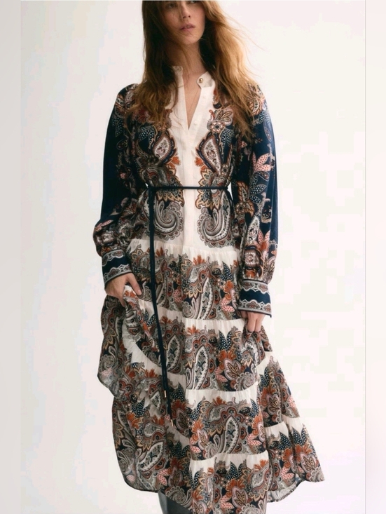 H&M Dresses & Skirts - Sz M H&M Dress With Tiered Skirt New Blue Beige/Paisley